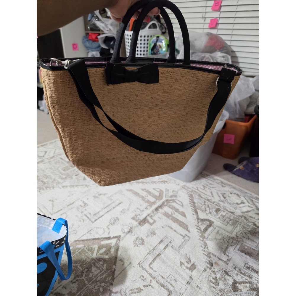 Bath & Body Works Straw Tote Bag Pink Gingham Black Bow Shoulder Strap Large - Picture 13 of 16
